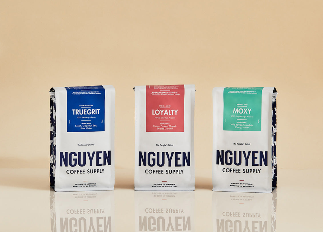 The original Vietnamese coffee trio,  front view of three bags of coffee, truegrit coffee(100% pearberry robusta), loyalty coffee (100% arabica nad robusta), Moxy coffee (100% arabica)